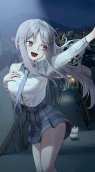 Rule 34 | 1girl, absurdres, ayatsuno yuni, blue necktie, cat, collared shirt, grey hair, hand on own chest, highres, laza (0ldsong), long hair, long sleeves, necktie, night, night sky, outdoors, panties, purple eyes, shirt, shirt tucked in, skirt, sky, smile, solo, standing, stellive, teeth, tongue, underwear, upper teeth only, virtual youtuber, white panties, white shirt