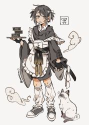 Rule 34 | 1boy, animal, apron, black footwear, black gloves, black hair, bow, cat, collared shirt, fingerless gloves, frilled apron, frills, full body, gloves, grey eyes, hair bow, half gloves, highres, hood, katana, leg warmers, long sleeves, looking at viewer, maid apron, male focus, nanase (nanataroo 7), original, pet food, sheath, sheathed, shirt, shoes, short hair, sidelocks, sneakers, solo, standing, sword, twitter username, waist bow, weapon, white apron, white background, white bow, whorled clouds, wide sleeves