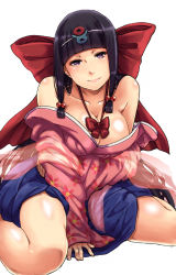 Rule 34 | 1girl, black hair, bow, breasts, cleavage, collarbone, fumitan (humitan), hair bobbles, hair bow, hair ornament, japanese clothes, kimono, large bow, large breasts, long hair, looking at viewer, off shoulder, original, purple eyes, renka-chan, sidelocks, simple background, smile, solo, white background