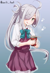 Rule 34 | 10s, 1girl, :q, ahoge, anti (untea9), asashimo (kancolle), brown eyes, chopsticks, cup ramen, hair over one eye, highres, kantai collection, long hair, looking at viewer, musical note, pantyhose, ponytail, school uniform, silver hair, skirt, smile, solo, tongue, tongue out, twitter username