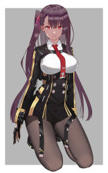 Rule 34 | 1girl, asymmetrical bangs, bad id, bad pixiv id, black dress, black gloves, black pantyhose, breasts, cropped jacket, dress, full body, girls&#039; frontline, gloves, grey background, highres, jacket, kneeling, large breasts, light smile, long hair, long sleeves, looking at viewer, military, military uniform, necktie, one side up, open clothes, open jacket, pantyhose, parted lips, purple hair, red eyes, red necktie, short dress, smile, solo, thighs, tsuaaa, tsurime, two-tone background, underbust, uniform, very long hair, wa2000 (girls&#039; frontline), white background