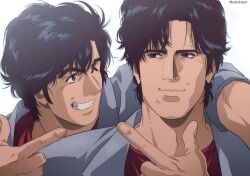 Rule 34 | 2boys, black eyes, black hair, city hunter, closed mouth, dual persona, fingernails, grey jacket, grin, hand on another&#039;s shoulder, highres, jacket, male focus, multiple boys, nicky larson et le parfum de cupidon, one eye closed, pointing, pointing at another, red shirt, saeba ryou, shirt, short hair, sideburns, smile, twitter username, white background, yuu (masarunomori)