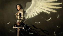 Rule 34 | 1girl, angel, armor, artist name, black hair, blue eyes, breasts, chaosheng zhe, cleavage, cross, dress, feathers, highres, long hair, looking to the side, medium breasts, original, pauldrons, plate armor, realistic, shoulder armor, simple background, solo, sword, weapon, wings