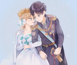 Rule 34 | 1boy, 1girl, black hair, blonde hair, blue eyes, bouquet, brooch, collared shirt, commentary request, couple, crown, dress, eren yeager, eye contact, flower, hair flower, hair ornament, holding, holding bouquet, jewelry, krista lenz, locked arms, long hair, looking at another, military, military uniform, pendant, rose, shingeki no kyojin, shirt, short hair, sword, tonshi, uniform, weapon, white dress, white flower, white rose, white shirt