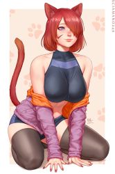 Rule 34 | 1girl, 2021, animal ears, artist name, bare shoulders, black thighhighs, border, breasts, cat ears, cat girl, cat tail, commentary, covered collarbone, english commentary, facial mark, hair over one eye, hands on ground, highres, jacket, kiko (sciamano240), large breasts, long sleeves, looking at viewer, mole, mole under eye, nail polish, off shoulder, original, paw print, paw print background, pink jacket, pink nails, red hair, red nails, sciamano240, short hair, shorts, sitting, sleeveless, smile, solo, stomach, tail, thighhighs, thighs, wariza, whisker markings, white border