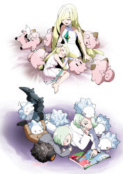 Rule 34 | 1boy, 3girls, absurdres, aged down, akanboh, artist name, bare arms, barefoot, black footwear, blonde hair, blush, book, boots, brown pants, character doll, clefairy, closed eyes, commentary request, creatures (company), dress, earrings, game freak, gen 1 pokemon, gen 8 pokemon, gordie (pokemon), green hair, grey sweater, highres, jewelry, lillie (pokemon), long hair, long sleeves, lusamine (pokemon), lying, melony (pokemon), mother and daughter, mother and son, multiple girls, nail polish, nintendo, o o, on head, on stomach, pants, pokemon, pokemon (creature), pokemon on head, pokemon sm, pokemon swsh, ribbed legwear, ribbed sweater, rolycoly, sleeping, snom, socks, sweatdrop, sweater, toes, white dress