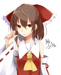 Rule 34 | 1girl, abe suke, ascot, bow, brown eyes, brown hair, detached sleeves, hair between eyes, hair bow, hair tubes, hakurei reimu, hand up, highres, long sleeves, looking at viewer, red bow, ribbon-trimmed sleeves, ribbon trim, signature, simple background, solo, touhou, upper body, white background, wide sleeves