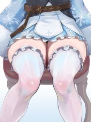 Rule 34 | 1girl, belt, blue coat, blue skirt, chair, close-up, coat, dalcom, frilled skirt, frilled thighhighs, frills, gradient background, highres, hololive, on chair, sitting, skirt, snowflake print, solo, thigh focus, thighhighs, thighs, virtual youtuber, white thighhighs, yukihana lamy, yukihana lamy (1st costume)