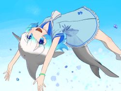 Rule 34 | 1girl, :d, arms up, bare arms, bare legs, blowhole, blue background, blue dress, blue eyes, blue hair, blue sailor collar, bracelet, cetacean tail, common bottlenose dolphin (kemono friends), dot nose, dress, eyes visible through hair, feet out of frame, fins, fish tail, frills, from side, gen-san (x xxxg), gradient background, gradient hair, grey neckerchief, hair between eyes, head fins, japari symbol, jewelry, jumping, kemono friends, kemono friends 2, long hair, looking at viewer, looking back, looking to the side, multicolored hair, neckerchief, open mouth, outstretched arms, sailor collar, sailor dress, short sleeves, sleeve cuffs, smile, solo, tail, tareme, teeth, upper teeth only, upside-down, water drop, white hair