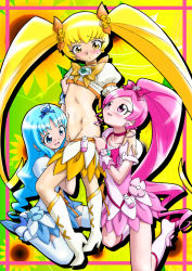 Rule 34 | 10s, 3girls, assisted exposure, blonde hair, blue eyes, blue hair, blue skirt, blush, boots, bow, breasts, brooch, choker, cure blossom, cure marine, cure sunshine, groin, hair bow, hair ornament, hair ribbon, hanasaki tsubomi, heart, heart brooch, heartcatch precure!, jewelry, knee boots, kneeling, kurumi erika, legs, long hair, magical girl, midriff, multiple girls, myoudouin itsuki, navel, nipples, open mouth, orange bow, pink bow, pink eyes, pink hair, pink skirt, ponytail, precure, ribbon, skirt, small breasts, smile, standing, thighhighs, twintails, undressing, unno hotaru, very long hair, white thighhighs, yellow background, yellow eyes, yellow skirt, yuri