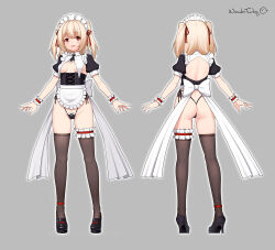 Rule 34 | 1girl, absurdres, anklet, apron, ass, black footwear, black thighhighs, blonde hair, breast curtains, breasts, bridal garter, brown eyes, chinese commentary, corset, from behind, full body, happy, high heels, highres, huoji (wonderturkey), jewelry, maid, maid apron, maid headdress, medium breasts, multiple views, original, puffy short sleeves, puffy sleeves, revealing clothes, short sleeves, solo, thighhighs, thong, two side up