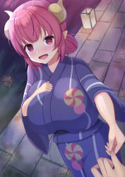 Rule 34 | 1girl, 1other, blue kimono, blush, breasts, brick road, commentary request, dragon girl, dragon horns, happy, highres, holding finger, horns, huge breasts, ilulu (maidragon), inari jin, japanese clothes, kimono, kobayashi-san chi no maidragon, looking at viewer, open mouth, outdoors, pink eyes, pink hair, pointy ears, print kimono, shortstack, smile, solo focus
