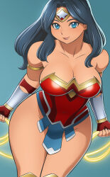 Rule 34 | 1girl, bare shoulders, blue eyes, breasts, cleavage, dc comics, highres, knight4princess, large breasts, lipstick, long hair, looking at viewer, makeup, revealing clothes, solo, solo focus, temaeya utsurou, thighs, wide hips, wonder woman, wonder woman (series)