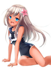 Rule 34 | 10s, 1girl, absurdres, blonde hair, blue eyes, crop top, flower, hair flower, hair ornament, highres, kantai collection, kuroganeruto, long hair, looking at viewer, one-piece tan, open mouth, ro-500 (kancolle), school swimsuit, simple background, solo, swimsuit, swimsuit under clothes, tan, tanline, white background