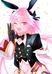 Rule 34 | 1boy, armor, astolfo (fate), astolfo (saber) (fate), belt, black bow, black bowtie, black gloves, black jacket, black ribbon, blush, bow, bowtie, buttons, erohitu, fang, fate/grand order, fate (series), faulds, gloves, hair between eyes, hair bow, hair intakes, hair ribbon, highres, jacket, juliet sleeves, long hair, long sleeves, looking at viewer, male focus, midriff, multicolored hair, navel, one eye closed, open clothes, open jacket, open mouth, pink hair, puffy sleeves, purple eyes, ribbon, smile, solo, star (symbol), starry background, streaked hair, trap, twintails, v, white background, white hair, wide sleeves, wing collar