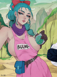 Rule 34 | 1girl, belt, belt pouch, black gloves, blue eyes, blue hair, bow, breasts, bulma, character name, clothes writing, cloud, commentary, dragon ball, dragon ball (classic), dragon radar, dress, emmanuel viola, english commentary, gloves, hair bow, highres, large breasts, lipstick, looking at viewer, makeup, motor vehicle, mountain, outdoors, pink dress, ponytail, pouch, red bow, scarf, sideboob, signature, sky, sleeveless, solo