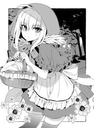 Rule 34 | 1girl, ahoge, apron, basket, blush, bottle, bow, bowtie, cloak, closed mouth, cosplay, cowboy shot, dress, fate/grand order, fate (series), flower, gray (fate), hanabana tsubomi, holding, holding basket, hood, hood up, hooded cloak, little red riding hood, little red riding hood (grimm), little red riding hood (grimm) (cosplay), looking at viewer, lord el-melloi ii case files, short hair, sidelocks, solo, thighhighs