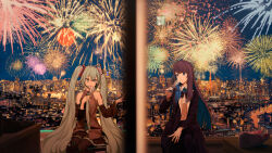 Rule 34 | 2girls, absurdres, ado (utaite), aerial fireworks, aqua eyes, aqua hair, aqua necktie, bare shoulders, black bow, black bowtie, black coat, black hair, black thighhighs, blue eyes, blue flower, blue hair, blue rose, bow, bowtie, champagne flute, chando (ado), city lights, closed mouth, cloud nine inc, coat, colored inner hair, commentary request, crossed legs, cup, detached sleeves, dress shirt, drinking glass, earpiece, exit sign, fireworks, flower, flower brooch, fox mask, gloves, grey shirt, hair between eyes, hatsune miku, highres, holding, holding cup, long hair, long sleeves, mask, moon, multicolored hair, multiple girls, necktie, night, open clothes, open coat, reflection, rose, shirt, sitting, sky, sleeveless, sleeveless shirt, star (sky), starry sky, thighhighs, tokyo (city), tokyo tower, tokyo wa yoru (vocaloid), turu, twintails, two-tone hair, utaite, vocaloid, white gloves, white shirt