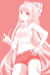 Rule 34 | 1girl, adapted costume, bare arms, bare shoulders, bow, breasts, cigarette, cowboy shot, crop top, fujiwara no mokou, gloves, hair bow, hand on own hip, highres, holding, holding cigarette, long hair, looking at viewer, medium breasts, midriff, momendoufu, monochrome, navel, red background, shirt, short shorts, shorts, simple background, sleeveless, sleeveless shirt, solo, standing, stomach, thighs, touhou, very long hair, wing collar