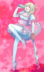 Rule 34 | 1girl, alcohol, atrium (artist), bad girl, bat (animal), beer, blonde hair, breasts, cleavage, dress, drinking, garter straps, gloves, grasshopper manufacture, high heels, long hair, looking at viewer, no more heroes, pink dress, shoes, strappy heels, thighhighs