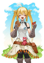 Rule 34 | 1girl, ahoge, armlet, artoria caster (fate), artoria caster (first ascension) (fate), artoria pendragon (fate), bag, bare shoulders, belt, belt buckle, black pantyhose, blonde hair, blue sky, blush, breasts, brown belt, buckle, closed eyes, dress, fate/grand order, fate (series), feet out of frame, flower, food, food on face, fruit, gloves, grass, grey gloves, hair between eyes, highres, holding, holding food, holding fruit, long hair, medium breasts, none (kameko227), open mouth, pantyhose, pocket, satchel, sidelocks, sitting, sky, sleeveless, sleeveless dress, smile, solo, strawberry, stuffed animal, stuffed toy, teddy bear, teeth, tongue, twintails, upper teeth only, very long hair, white flower
