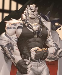 Rule 34 | 1boy, animal ears, arknights, bandaged hand, bandages, bara, black tank top, botto831, bulge, chain, chain necklace, covered abs, cowboy shot, dog tags, furry, furry male, highres, jewelry, large pectorals, male focus, mountain (arknights), muscular, muscular male, necklace, off shoulder, pants, pectoral cleavage, pectorals, scar, scar across eye, scar on face, short hair, sidepec, single bare shoulder, solo, tank top, thick eyebrows, tiger boy, tiger ears, white fur, white hair, white pants