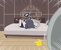 2girls arms_up b.t._(boob_tong) bad_link ball bed black_dress blue_archive character_doll chibi china_dress chinese_clothes double_bun dress emphasis_lines grey_halo hair_bun halo heart highres indoors kisaki_(blue_archive) legs_up lying mattress mina_(blue_archive) multiple_girls musical_note on_back on_bed out_of_character out_of_frame playing souvenir_doll_(blue_archive) surprised