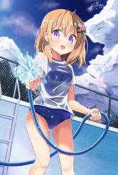 Rule 34 | 1girl, aiming, blue one-piece swimsuit, blue sky, chain-link fence, cloud, commentary request, day, empty pool, feet out of frame, fence, gochuumon wa usagi desu ka?, highres, hose, hoto cocoa, inakami, looking at viewer, one-piece swimsuit, orange hair, outdoors, pool, purple eyes, school swimsuit, shirt, short hair, signature, sky, solo, swimsuit, water, wet, wet clothes, wet shirt