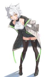 Rule 34 | 1girl, animal ear fluff, animal ears, grey hair, high heels, highres, jacket, looking at viewer, na&#039;el (xenoblade), open clothes, open jacket, revvie, simple background, solo, white background, xenoblade chronicles (series), xenoblade chronicles 3, xenoblade chronicles 3: future redeemed, yellow eyes
