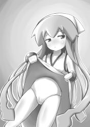 Rule 34 | 1girl, absurdres, breasts, cameltoe, clothes lift, dress, dress lift, embarrassed, hat, highres, ikamusume, k.u.n.e., long hair, monochrome, one-piece swimsuit, shinryaku! ikamusume, skirt, skirt lift, small breasts, solo, swimsuit, tentacle hair, thighs