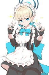 Rule 34 | 1girl, absurdres, apron, black gloves, blue archive, blue bow, blue bowtie, blue eyes, blue ribbon, bow, bowtie, chest harness, closed mouth, commentary, cowboy shot, double v, earpiece, expressionless, fingerless gloves, gloves, halo, harness, highres, light blush, light brown hair, long sleeves, looking at viewer, maid, maid apron, maid headdress, pero (pero7762), ribbon, short hair, sidelocks, simple background, solo, sparkle, toki (blue archive), v, white apron, white background