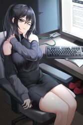 Rule 34 | 1girl, absurdres, black eyes, black hair, breasts, chair, commission, detached sleeves, glasses, highres, keyboard (computer), lanyard, large breasts, lillly, looking at viewer, on chair, one eye closed, original, pen, pencil skirt, ponytail, screen, sidelocks, sitting, skirt, solo