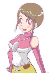 Rule 34 | breasts, brown hair, cutting hair, digimon, digimon adventure 02, hand on own hip, pabsmikan, self-upload, simple background, solo, white background, yagami hikari