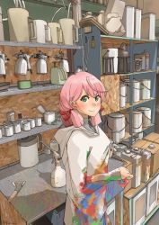Rule 34 | 1girl, airbrush, akashi (kancolle), alternate costume, commentary request, green eyes, hair ribbon, highres, hood, hooded robe, hoodie, indoors, kachi (kachi5100), kantai collection, long hair, long sleeves, looking at viewer, paint can, pink hair, pitcher (container), ribbon, robe, shelf, solo, tress ribbon, upper body, weighing scale