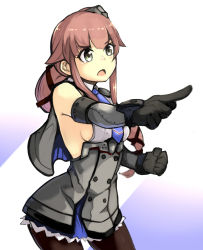 Rule 34 | 1girl, black gloves, black pantyhose, black ribbon, blue necktie, breasts, brown eyes, capelet, colorado (kancolle), colorado (kancolle) (cosplay), commentary request, contrapposto, cosplay, cowboy shot, dress, eimusu (yassun83), elbow gloves, gloves, green eyes, grey dress, hair ribbon, highres, kantai collection, long hair, necktie, pantyhose, pleated dress, pointing, ponytail, ribbon, shirt, sideboob, sleeveless, solo, standing, very long hair, white background, white shirt, yura (kancolle)