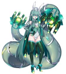 Rule 34 | 1girl, :d, animal ears, aqua bow, aqua bowtie, aqua hair, blue eyes, bow, bowtie, bright pupils, celesteela, colored inner hair, covered navel, creatures (company), elbow gloves, fang, full body, game freak, gen 7 pokemon, gloves, green thighhighs, hair between eyes, hand on own hip, high heels, highleg, highleg leotard, katagiri hachigou, leotard, multicolored hair, nintendo, open mouth, personification, pokemon, rabbit ears, simple background, skin fang, smile, solo, striped bow, striped bowtie, striped clothes, thighhighs, two-tone hair, ultra beast, v-shaped eyebrows, white background, white headwear, white pupils