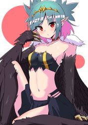 Rule 34 | 1girl, black feathers, black skirt, black wings, blush, breasts, claws, cleavage, colored inner hair, commentary request, commission, edoara, feathers, green hair, harpy, highres, indie virtual youtuber, lincoro, midriff, monster girl, multicolored hair, navel, pink hair, pointy ears, red eyes, short hair, short twintails, skeb commission, skirt, small breasts, solo, tiara, twintails, virtual youtuber, winged arms, wings