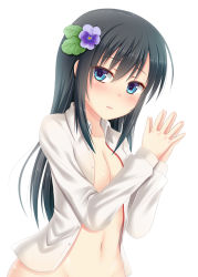 Rule 34 | 10s, 1girl, asashio (kancolle), black hair, blue eyes, bottomless, breasts, buttons, cleavage, collarbone, flower, groin, hair between eyes, hair flower, hair ornament, hanazome dotera, jewelry, kantai collection, long hair, long sleeves, no bra, open clothes, open shirt, out-of-frame censoring, purple flower, ring, shirt, simple background, solo, wedding band, white background, white shirt