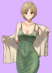 1girl absurdres aiba_yumi alternate_costume blush breasts brown_hair cardigan cleavage collarbone commentary_request daiko_(dai1974910) dress green_dress highres idolmaster idolmaster_cinderella_girls jewelry looking_at_viewer medium_breasts necklace open_cardigan open_clothes pink_background short_hair simple_background sleeveless sleeveless_dress solo taut_clothes taut_dress white_cardigan