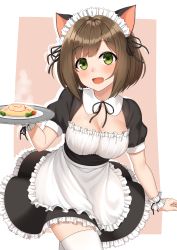 Rule 34 | 1girl, absurdres, animal ears, apron, black dress, black ribbon, blush, breasts, brown eyes, brown hair, cat ears, cherry tomato, cleavage, commentary request, dress, fang, food, frilled apron, frilled dress, frills, green eyes, hair ornament, highres, holding, holding tray, idolmaster, idolmaster cinderella girls, idolmaster cinderella girls starlight stage, kurisu-kun, large breasts, looking at viewer, maekawa miku, maid, maid apron, maid headdress, medium breasts, neck ribbon, open mouth, pink background, ribbon, short hair, short sleeves, smile, solo, thighhighs, tomato, tray, two-tone background, white background, white dress, white thighhighs, wrist cuffs