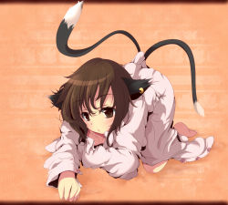 Rule 34 | 1girl, all fours, animal ears, aruu (memories), bad id, bad pixiv id, barefoot, blush, brown eyes, brown hair, cat ears, cat girl, cat tail, chen, downblouse, earrings, female focus, jewelry, messy hair, multiple tails, no headwear, no headwear, oversized clothes, pajamas, shirt, single earring, solo, tail, touhou
