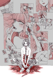 Rule 34 | 10s, 1boy, 1girl, ahoge, black hair, blood, blood in mouth, blood on face, blood splatter, blood on clothes, bow, breasts, chara rira, cleavage, danganronpa (series), danganronpa/zero, death, enoshima junko, flower, hair ornament, jewelry, large breasts, long hair, matsuda yasuke, nail polish, necktie, photo (object), pink hair, sandals, school uniform, short hair, sitting, skirt, smile, spoilers, twintails, wall