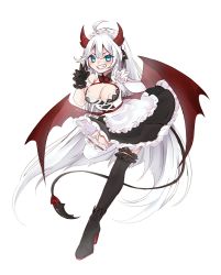Rule 34 | 1girl, apron, blue eyes, breasts, claw pose, cleavage, commentary, demon girl, demon horns, demon tail, demon wings, english commentary, high heels, highres, horns, indie virtual youtuber, leaning forward, maid, maid apron, maid headdress, medium breasts, smile, solo, tail, thighhighs, vei (vtuber), vei (vtuber) (4th costume), virtual youtuber, white background, white hair, wings, yoclesh