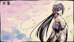 Rule 34 | 10s, 1girl, akebono (kancolle), alternate costume, bad id, bell, cherry blossoms, flower, hair bell, hair flower, hair ornament, heavens thunder (byakuya-part2), highres, japanese clothes, jingle bell, kantai collection, kimono, long hair, looking at viewer, marker (medium), obi, purple eyes, purple hair, sash, side ponytail, signature, smile, solo, traditional media, very long hair