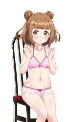 Rule 34 | 1girl, absurdres, achmad faisal, beatrice (princess principal), blush, bra, breasts, brown eyes, brown hair, double bun, hair bun, highres, looking at viewer, navel, on chair, open mouth, panties, pink bra, pink panties, princess principal, shiny skin, short hair, simple background, small breasts, solo, underwear, white background