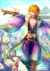 Rule 34 | 1boy, architecture, artist name, bare pectorals, bird, blonde hair, blue kimono, boots, bridge, brown footwear, calico, cat, choker, cloud, commentary request, cross-laced clothes, cross-laced legwear, east asian architecture, eyes visible through hair, fang, floral print, flower, full body, gauntlets, gloves, hair between eyes, iridescent, jacket, japanese clothes, kagerou (ragnarok online), kimono, long sleeves, looking at animal, lotus, male focus, misuguu, mole, mole under eye, open mouth, orange eyes, outstretched arm, pantaloons, pants, partially fingerless gloves, pectorals, purple pants, ragnarok online, ribbon, sash, short hair, signature, sky, solo, t-pose, tarou (ragnarok online), walking, white jacket, wide sleeves