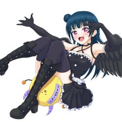 Rule 34 | 1girl, a5hio, black dress, blue eyes, dress, elbow gloves, gloves, looking at viewer, love live!, love live! sunshine!!, open mouth, purple eyes, smile, solo, transparent background, tsushima yoshiko, wings