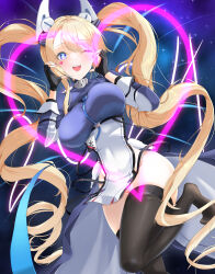 Rule 34 | 1girl, ;d, absurdres, azur lane, black gloves, black thighhighs, blonde hair, blue dress, blue eyes, blue ribbon, bouncing breasts, breasts, commentary request, covered navel, dress, drill hair, facial mark, fingerless gloves, gloves, groin, guam (azur lane), hair between eyes, headgear, heart, heart facial mark, heart hands, highres, kijipe, large breasts, long hair, long sleeves, looking at viewer, neck ribbon, no shoes, one eye closed, open mouth, pelvic curtain, purple eyes, ribbon, sidelocks, skindentation, sleeves rolled up, smile, solo, sparkle, standing, standing on one leg, star-shaped pupils, star (symbol), symbol-shaped pupils, thighhighs, twin drills, twintails, very long hair