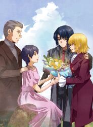 Rule 34 | 2boys, 2girls, athrun zala, blonde hair, blue hair, bouquet, brown coat, cagalli yula athha, coat, dress, father and son, flower, formal, ghost, green eyes, grey hair, grey jacket, gundam, gundam seed, gundam seed freedom, hand on another&#039;s shoulder, highres, holding, holding bouquet, husband and wife, jacket, jewelry, lenore zala, light smile, mother and son, multiple boys, multiple girls, necklace, oliverb26658072, pant suit, pants, patrick zala, pink dress, short hair, sky, smile, suit, tombstone, yellow eyes