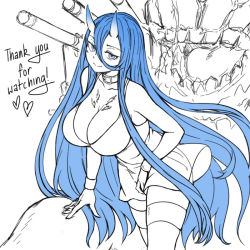 Rule 34 | 10s, 1girl, abyssal ship, battleship princess, blue eyes, blue hair, breasts, cannon, cleavage, collar, dress, female focus, horns, kantai collection, large breasts, long hair, matching hair/eyes, monster, pas (paxiti), short dress, skin-covered horns, smile, solo, spot color, thank you, very long hair